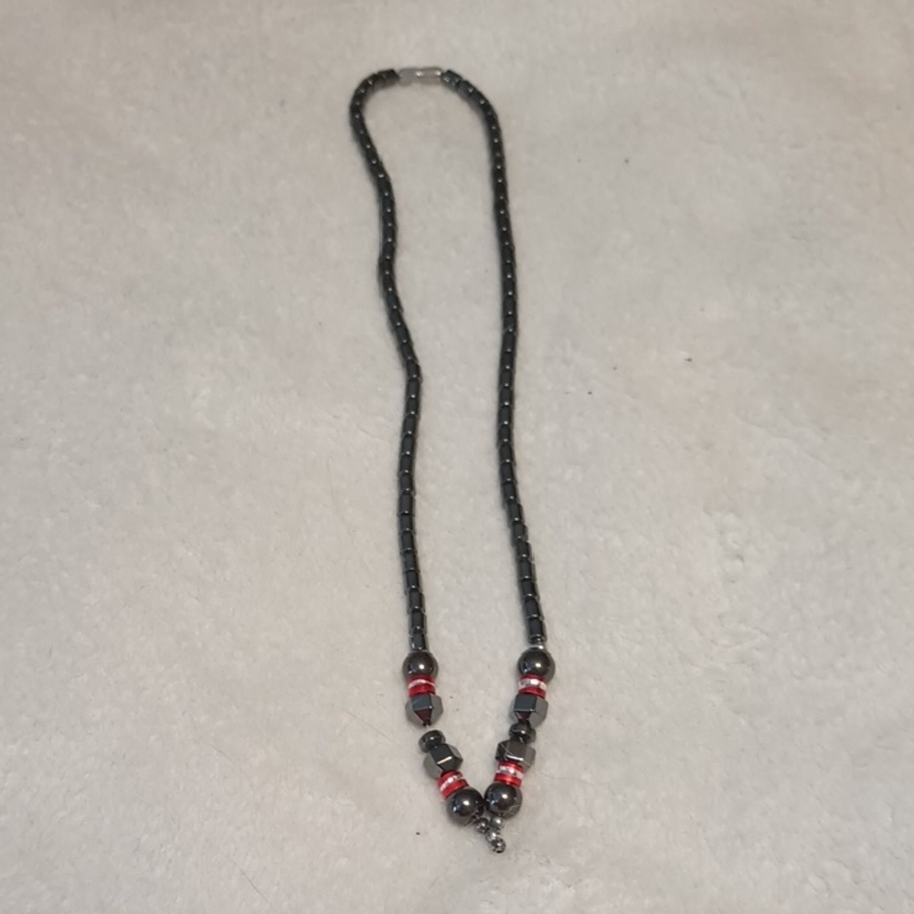 Black and Red Beaded Necklace with Minimalist Pendant